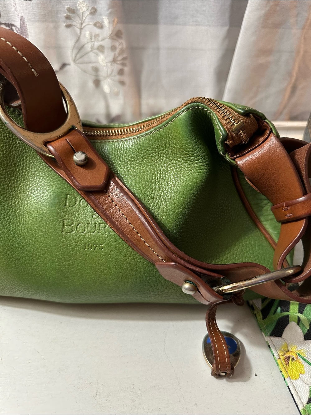 Dooney & Bourke Green Pebbled Leather Shoulder Bag with Brown Trim - Picture 9 of 13